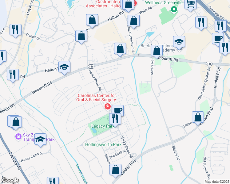 map of restaurants, bars, coffee shops, grocery stores, and more near 132 Danvers Road in Greenville