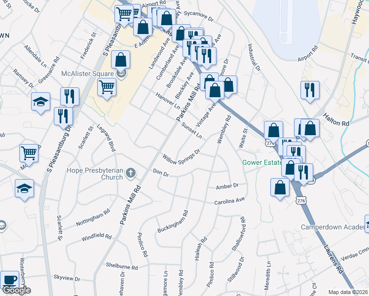 map of restaurants, bars, coffee shops, grocery stores, and more near 217 Vintage Avenue in Greenville