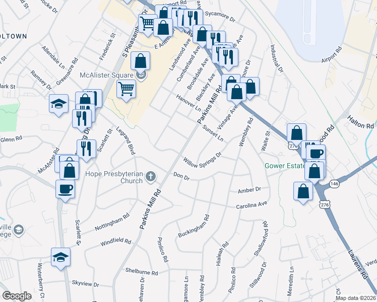 map of restaurants, bars, coffee shops, grocery stores, and more near 325 Parkins Mill Road in Greenville