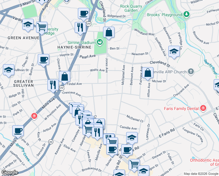map of restaurants, bars, coffee shops, grocery stores, and more near 209 Jones Avenue in Greenville