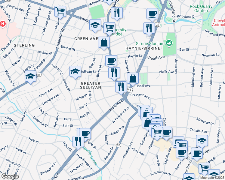map of restaurants, bars, coffee shops, grocery stores, and more near 1004 Augusta Street in Greenville