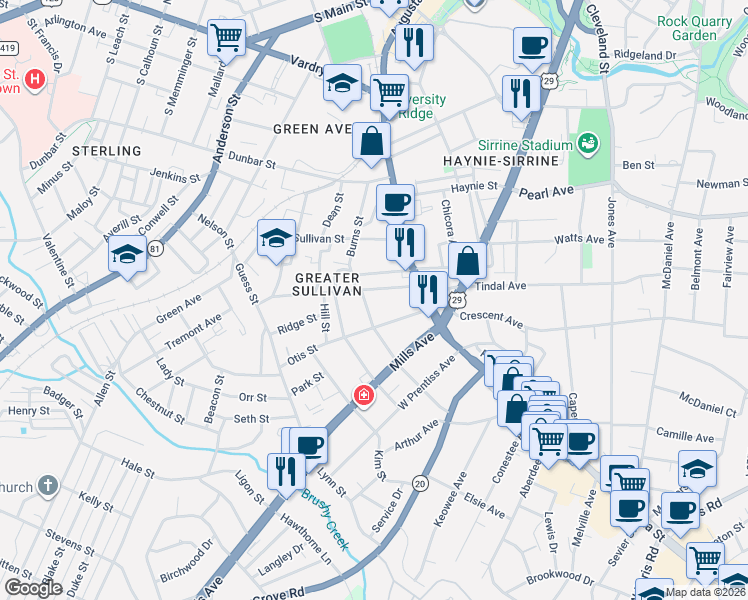 map of restaurants, bars, coffee shops, grocery stores, and more near 9 Elm Street in Greenville