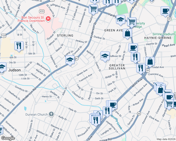 map of restaurants, bars, coffee shops, grocery stores, and more near 819A Green Avenue in Greenville