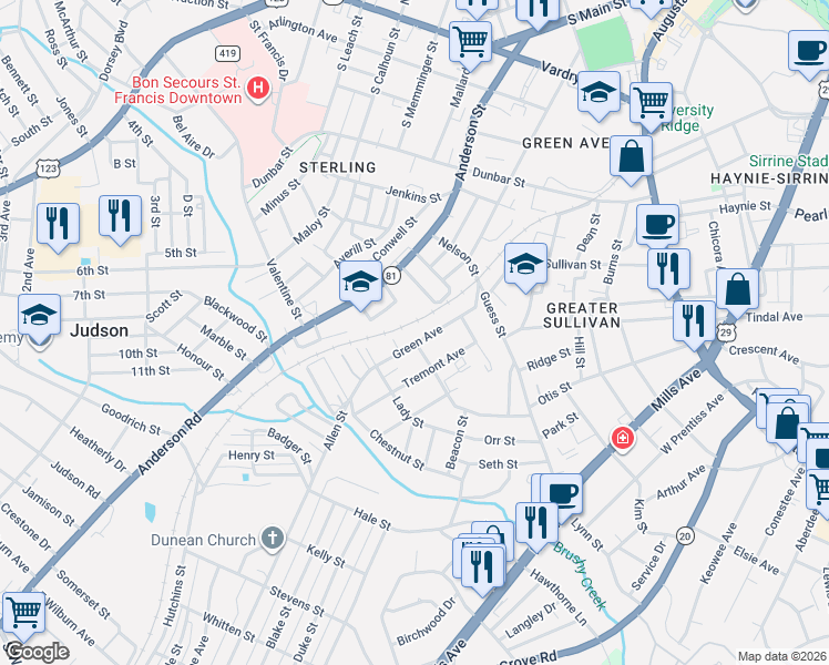 map of restaurants, bars, coffee shops, grocery stores, and more near 826 Green Avenue in Greenville