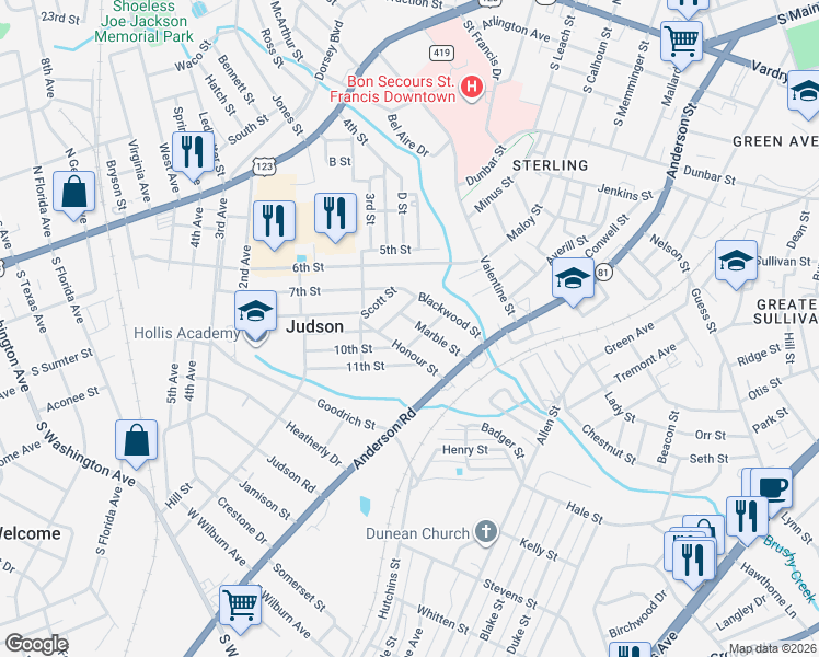 map of restaurants, bars, coffee shops, grocery stores, and more near 12 Marble Street in Greenville