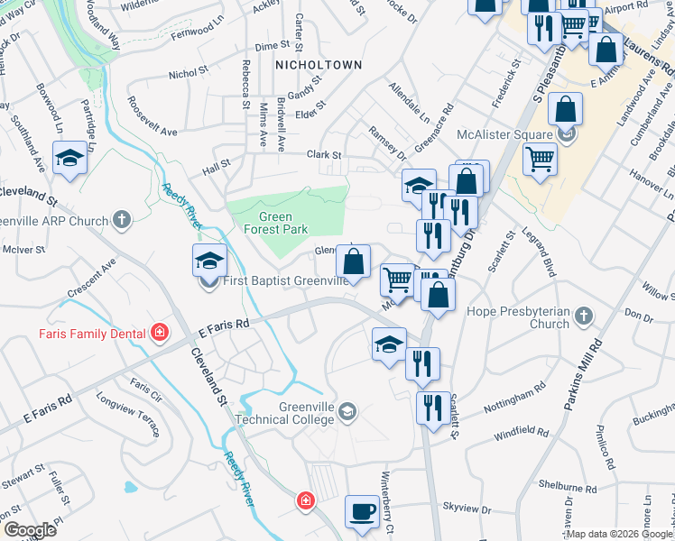 map of restaurants, bars, coffee shops, grocery stores, and more near 505 Glenn Road in Greenville