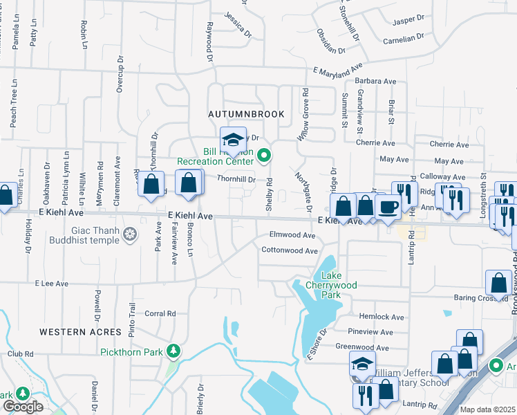 map of restaurants, bars, coffee shops, grocery stores, and more near 1 Shelby Road in Sherwood