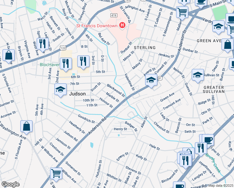 map of restaurants, bars, coffee shops, grocery stores, and more near 13 Blackwood Street in Greenville