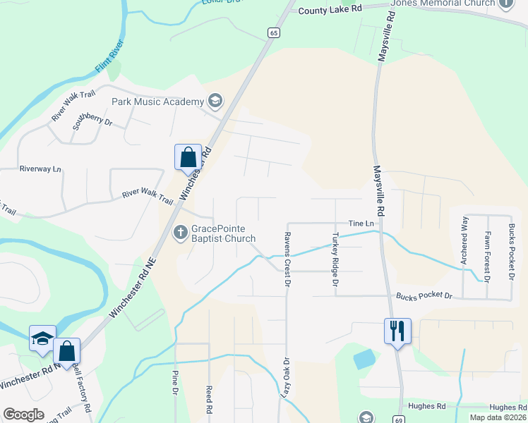 map of restaurants, bars, coffee shops, grocery stores, and more near 104 Deer Path in New Market