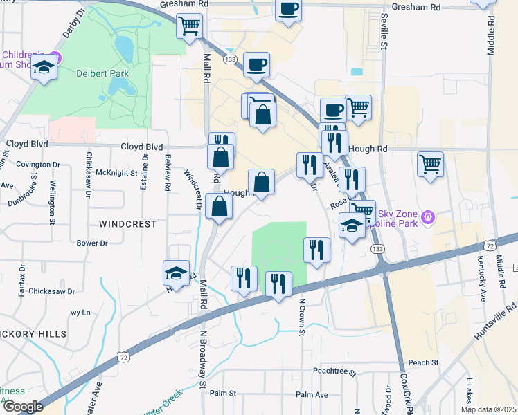 map of restaurants, bars, coffee shops, grocery stores, and more near 2574 Hough Road in Florence
