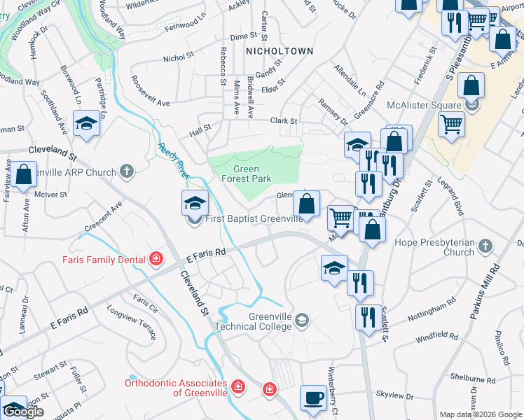 map of restaurants, bars, coffee shops, grocery stores, and more near 10 Styles Road in Greenville