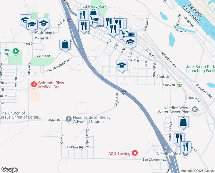 map of restaurants, bars, coffee shops, grocery stores, and more near Lillyhill Drive in Needles