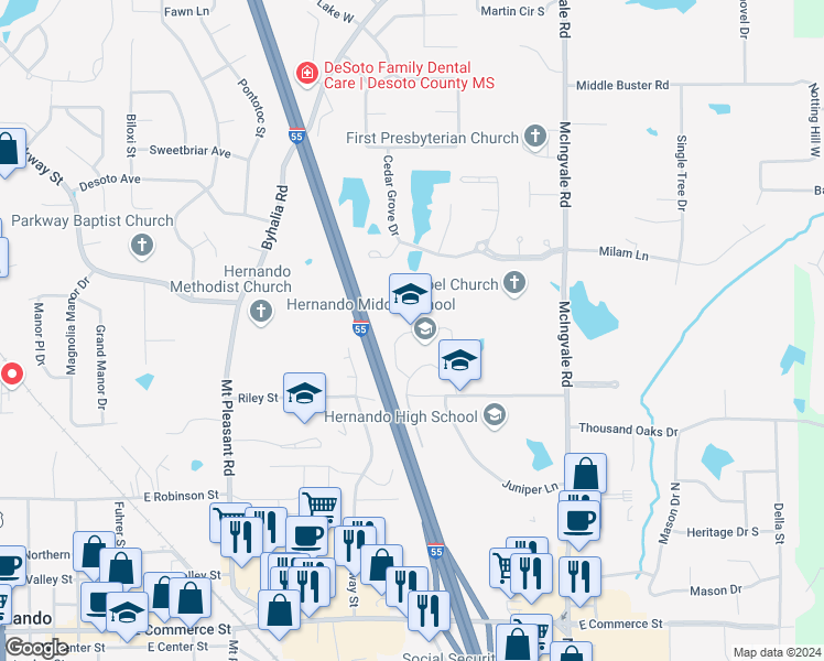 map of restaurants, bars, coffee shops, grocery stores, and more near 700 Dilworth Lane in Hernando