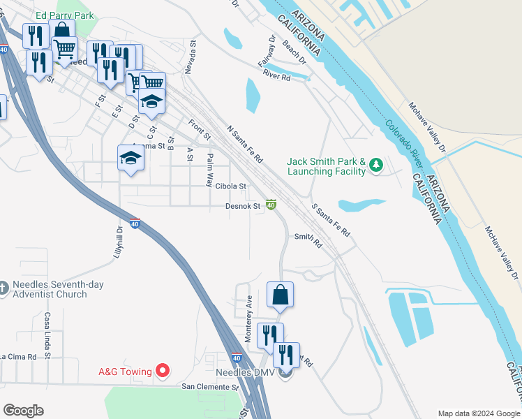 map of restaurants, bars, coffee shops, grocery stores, and more near 91 Desnok Street in Needles