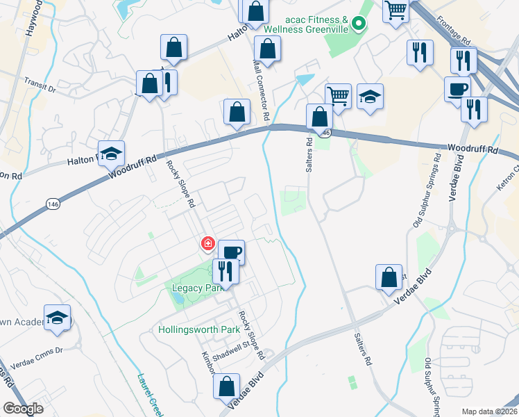 map of restaurants, bars, coffee shops, grocery stores, and more near 100 Questover Drive in Greenville