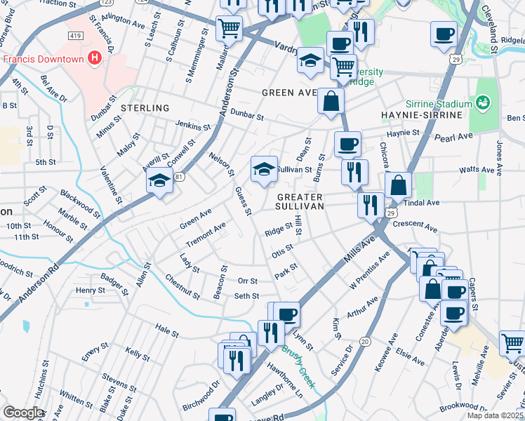 map of restaurants, bars, coffee shops, grocery stores, and more near 125 Guess Street in Greenville