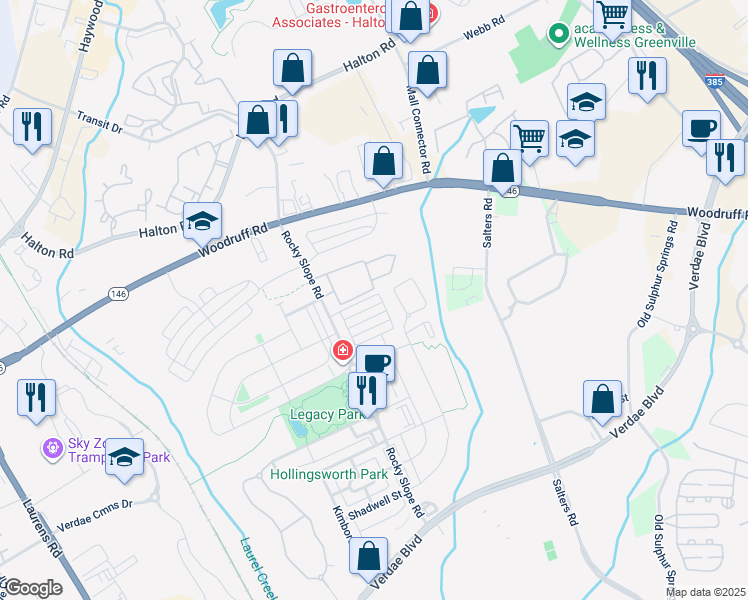 map of restaurants, bars, coffee shops, grocery stores, and more near 132 Danvers Road in Greenville