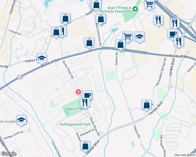 map of restaurants, bars, coffee shops, grocery stores, and more near 100 Questover Drive in Greenville