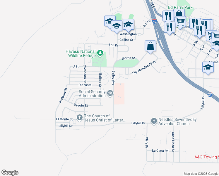 map of restaurants, bars, coffee shops, grocery stores, and more near 1300 Bailey Avenue in Needles