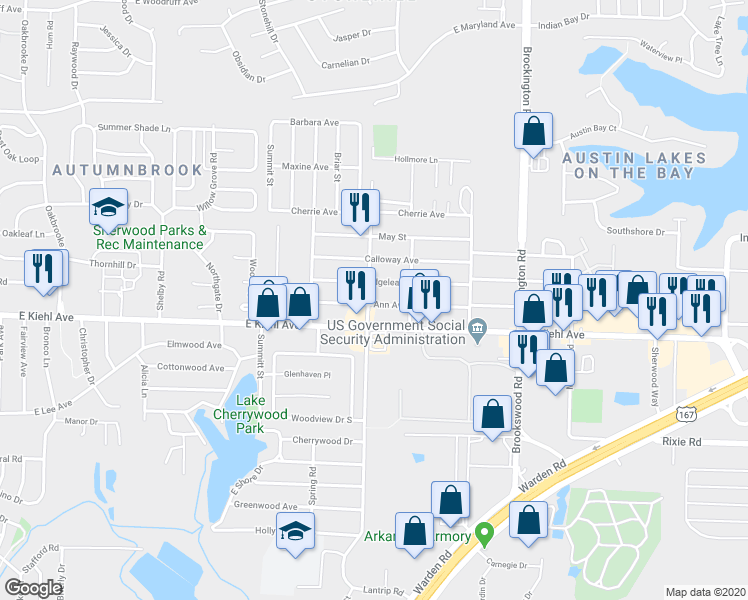 map of restaurants, bars, coffee shops, grocery stores, and more near 300 Ann Avenue in Sherwood