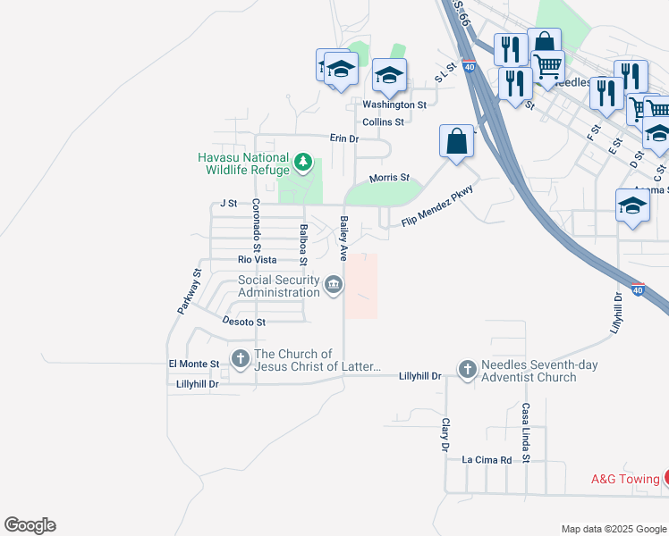 map of restaurants, bars, coffee shops, grocery stores, and more near 1300 Bailey Avenue in Needles