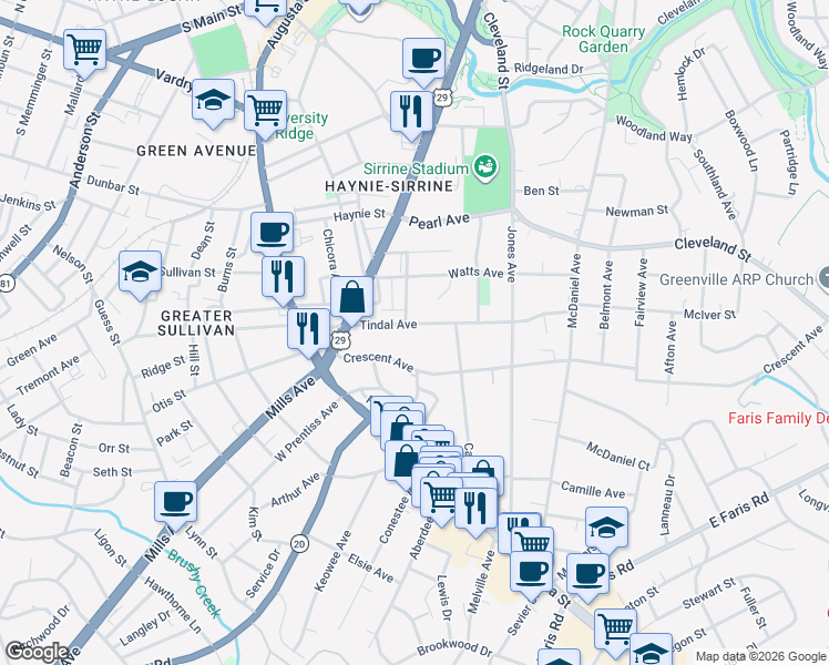 map of restaurants, bars, coffee shops, grocery stores, and more near 102 Tindal Avenue in Greenville