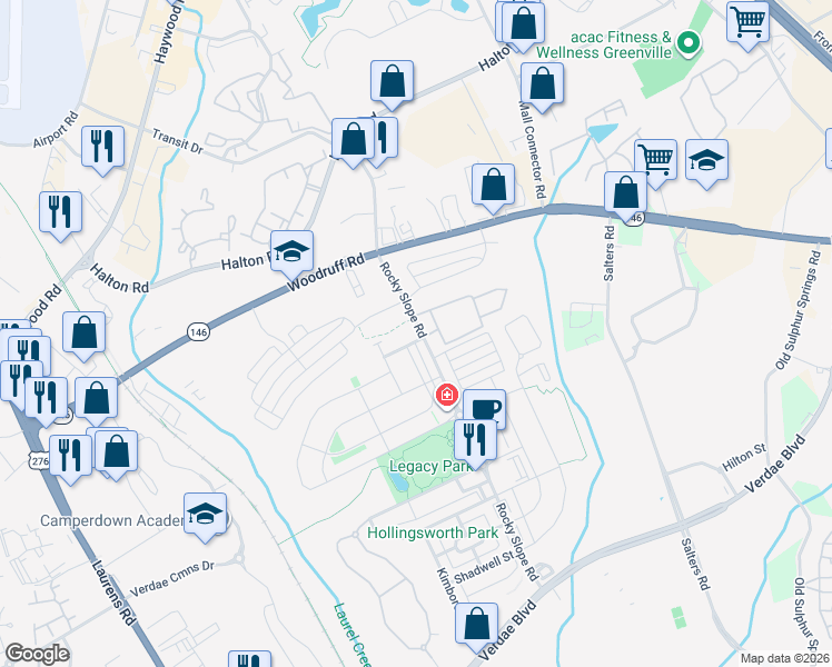 map of restaurants, bars, coffee shops, grocery stores, and more near 6 Jardin Drive in Greenville