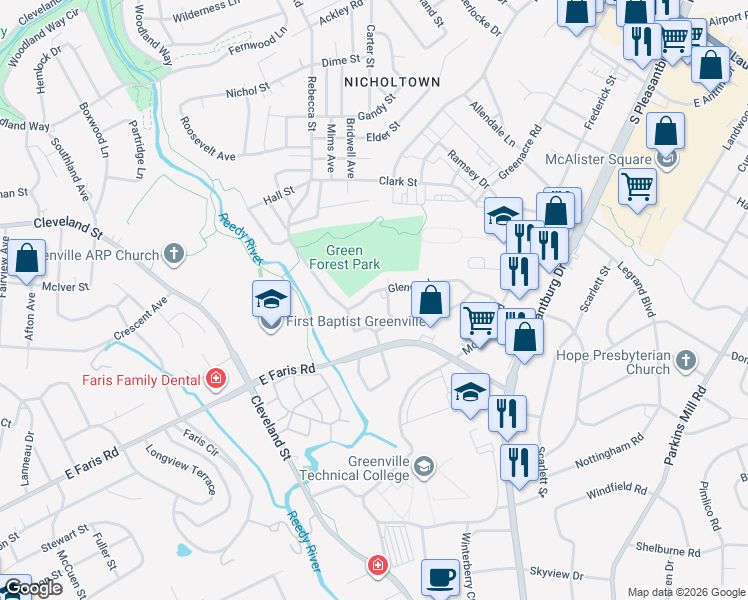 map of restaurants, bars, coffee shops, grocery stores, and more near 10 Styles Road in Greenville