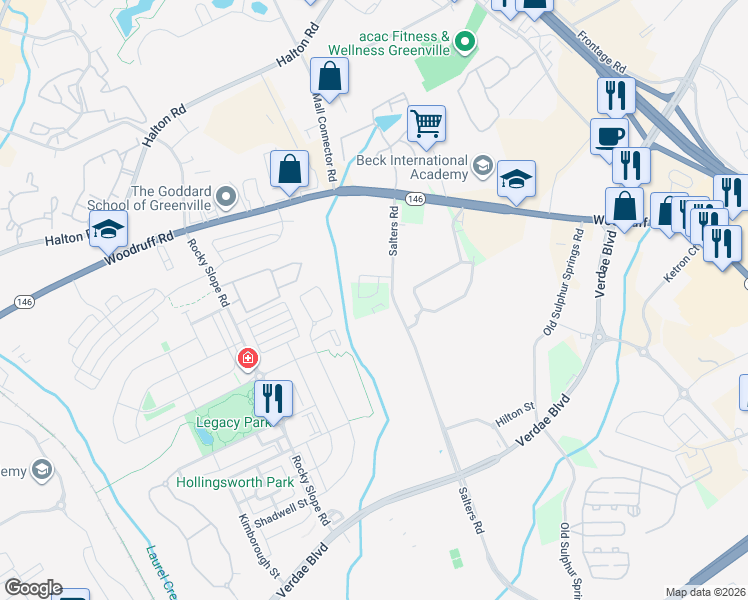 map of restaurants, bars, coffee shops, grocery stores, and more near 82 Salters Road in Greenville