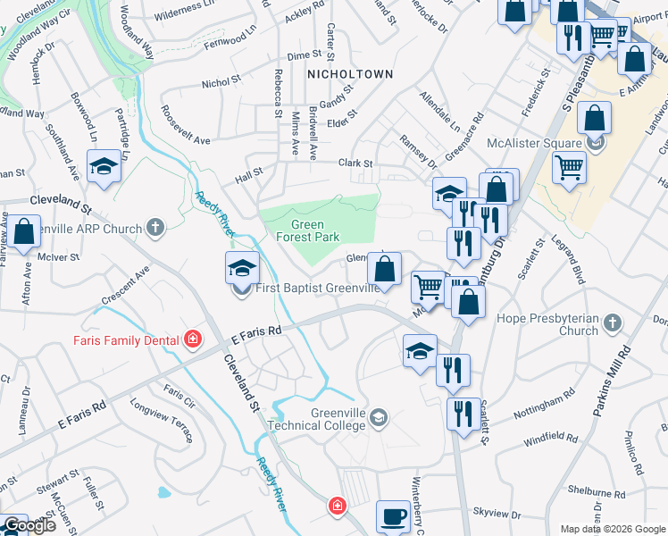 map of restaurants, bars, coffee shops, grocery stores, and more near 10 Styles Road in Greenville