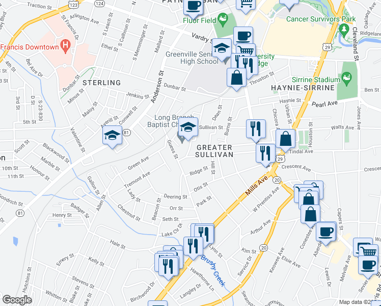 map of restaurants, bars, coffee shops, grocery stores, and more near 125 Guess Street in Greenville