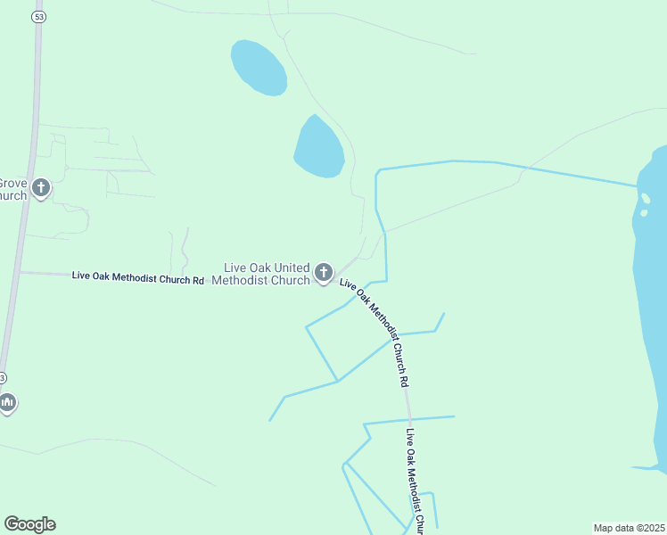map of restaurants, bars, coffee shops, grocery stores, and more near 843 Live Oak Methodist Church Road in White Oak