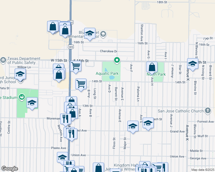 map of restaurants, bars, coffee shops, grocery stores, and more near 426 Avenue C in Hereford
