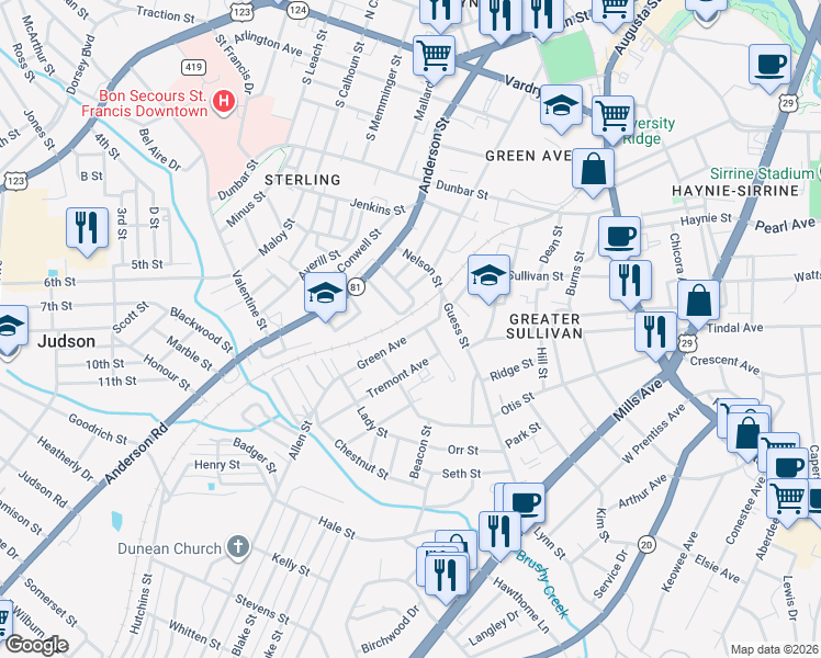 map of restaurants, bars, coffee shops, grocery stores, and more near 819A Green Avenue in Greenville