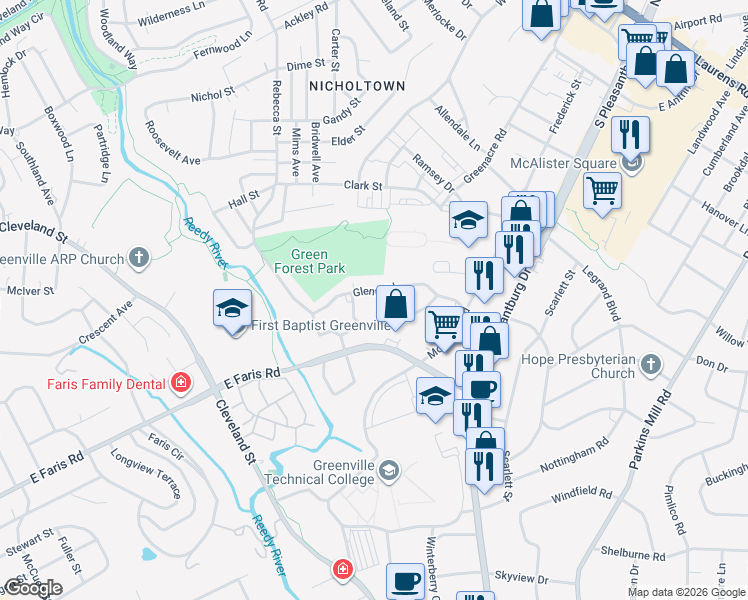 map of restaurants, bars, coffee shops, grocery stores, and more near 505 Glenn Road in Greenville