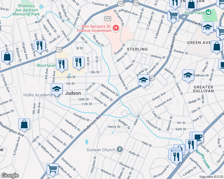 map of restaurants, bars, coffee shops, grocery stores, and more near 13 Blackwood Street in Greenville