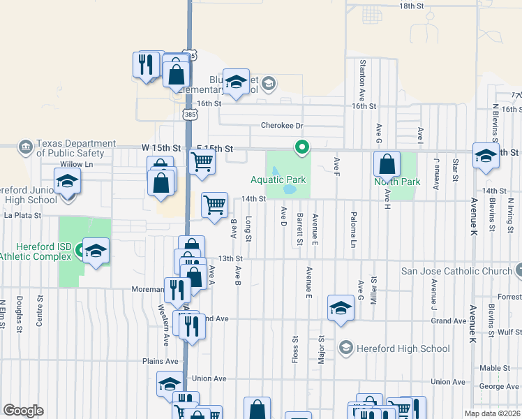 map of restaurants, bars, coffee shops, grocery stores, and more near 426 Avenue C in Hereford