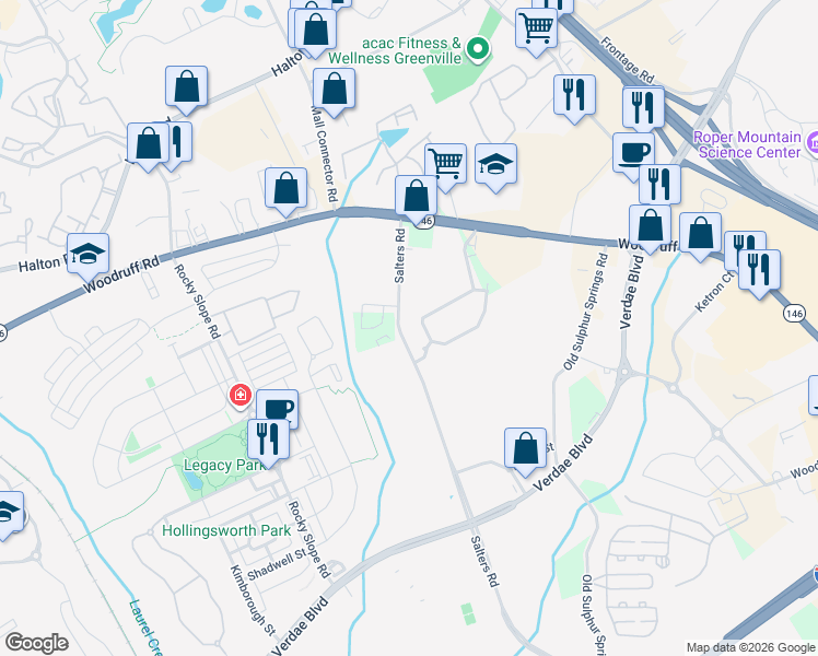 map of restaurants, bars, coffee shops, grocery stores, and more near 82 Salters Road in Greenville