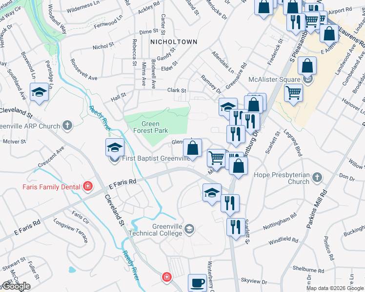 map of restaurants, bars, coffee shops, grocery stores, and more near 505 Glenn Road in Greenville