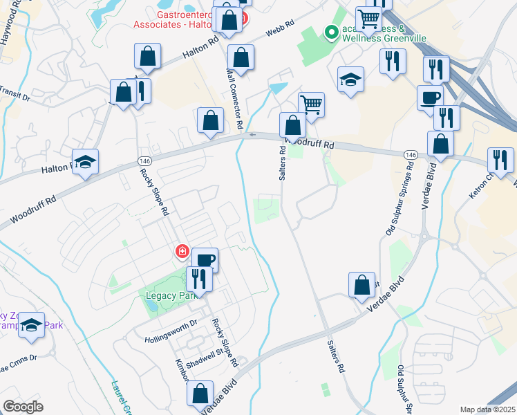 map of restaurants, bars, coffee shops, grocery stores, and more near 100 Questover Drive in Greenville