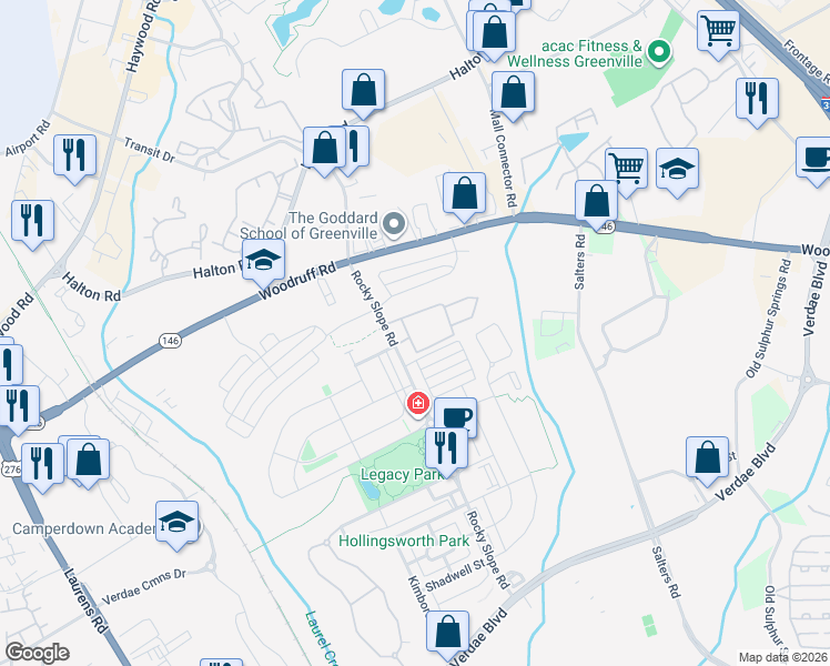 map of restaurants, bars, coffee shops, grocery stores, and more near 106 Danvers Road in Greenville