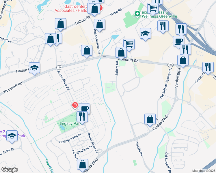 map of restaurants, bars, coffee shops, grocery stores, and more near 100 Questover Drive in Greenville