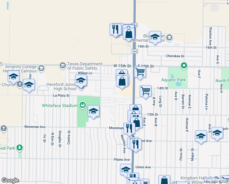 map of restaurants, bars, coffee shops, grocery stores, and more near 401 Jack Griffin Drive in Hereford