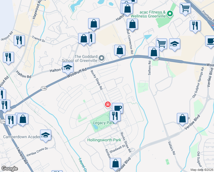 map of restaurants, bars, coffee shops, grocery stores, and more near 106 Danvers Road in Greenville