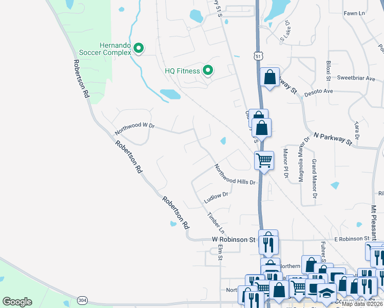 map of restaurants, bars, coffee shops, grocery stores, and more near 660 Timber Creek South in Hernando