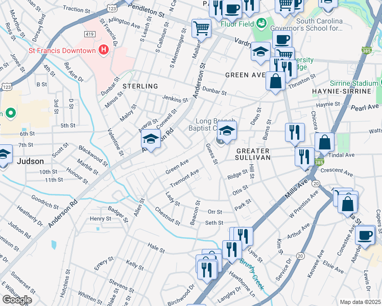 map of restaurants, bars, coffee shops, grocery stores, and more near 806 Green Avenue in Greenville
