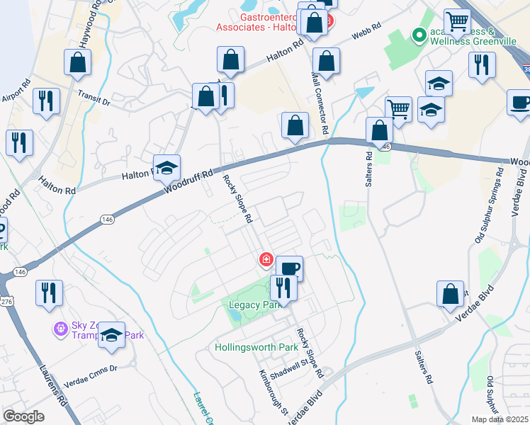 map of restaurants, bars, coffee shops, grocery stores, and more near 201 Rocky Slope Road in Greenville