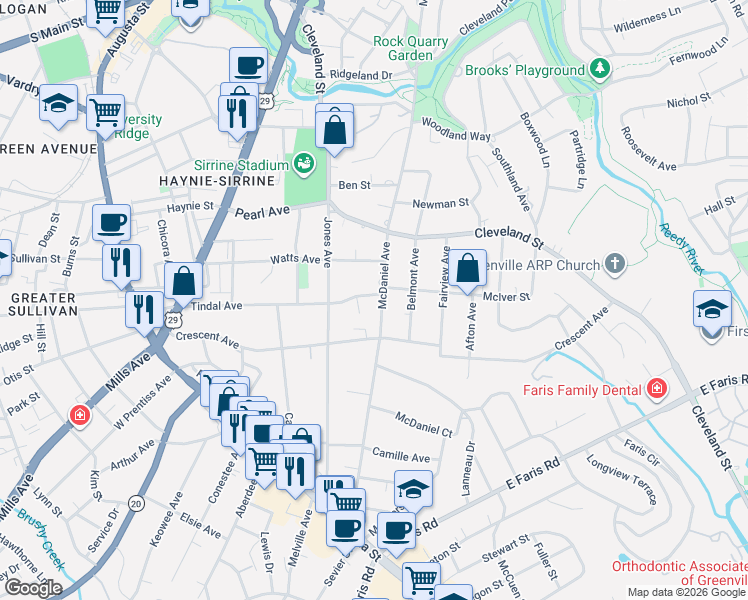 map of restaurants, bars, coffee shops, grocery stores, and more near 13 Carroll Lane in Greenville
