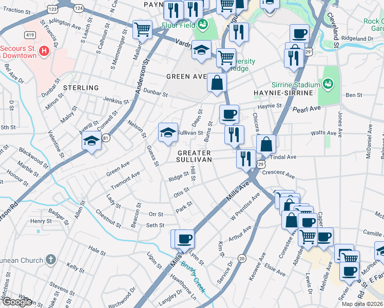 map of restaurants, bars, coffee shops, grocery stores, and more near 8 Burns Circle in Greenville