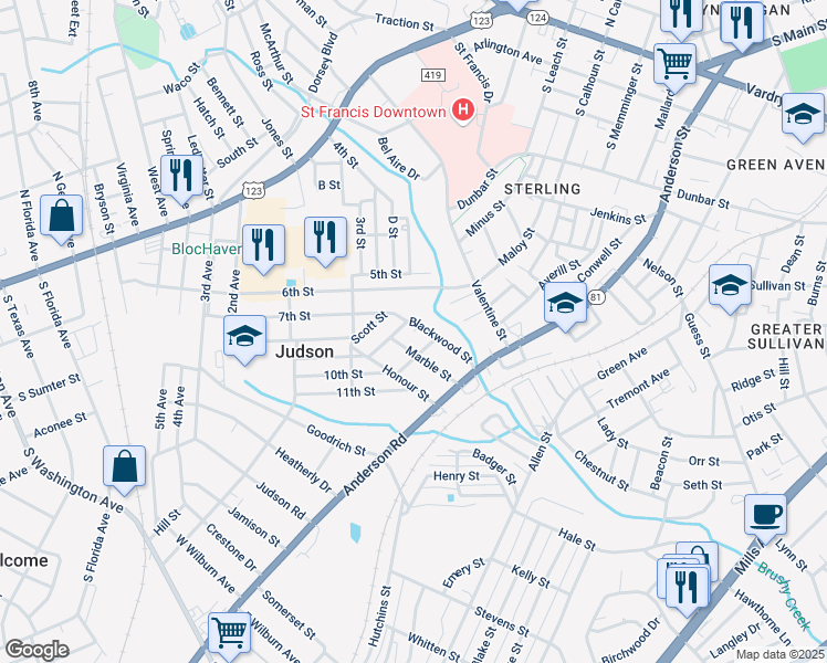 map of restaurants, bars, coffee shops, grocery stores, and more near 200 Blackwood Street in Greenville